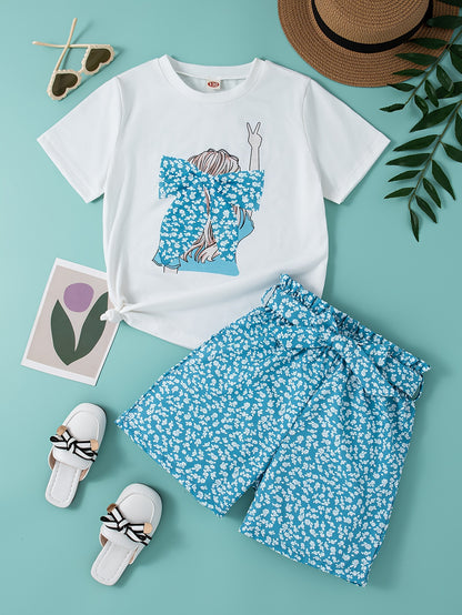 Girls' Summer Casual Outfit Set - Cartoon Print Bow T-Shirt & Floral Shorts with Belt, Breathable Polyester Blend, Perfect for Outdoor