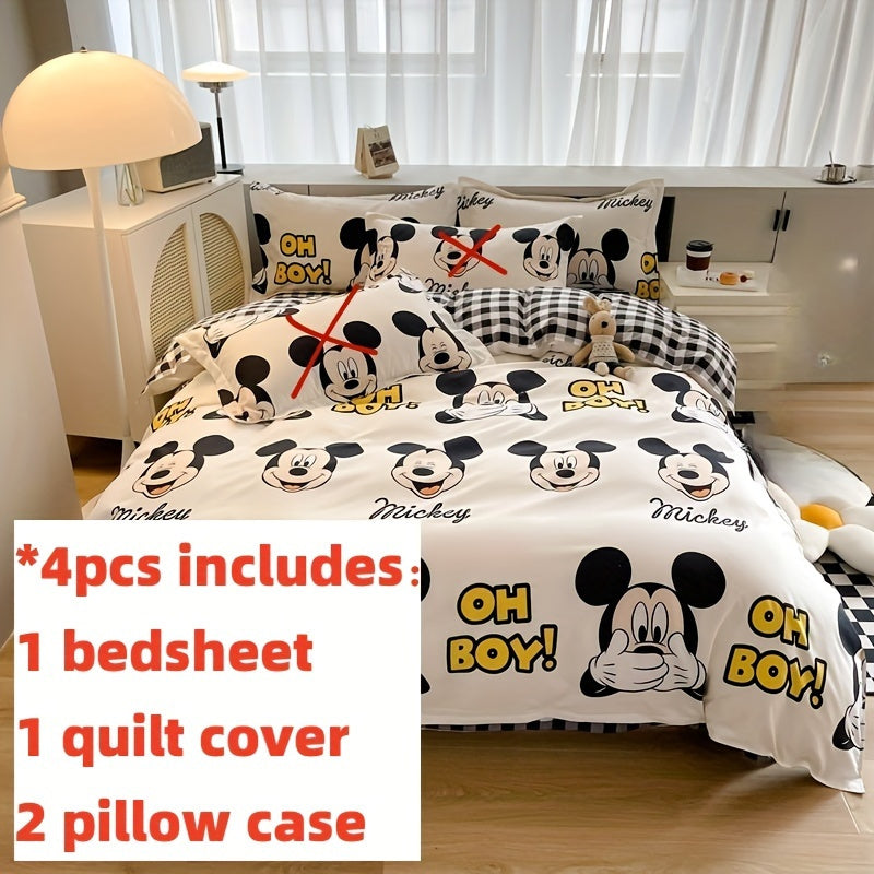 4pcs/set Mickey Mouse Cartoon Bedding Set Including 2 Pillowcases, 1 Duvet Cover, 1 Sheet, Kawaii Comfortable Durable Bedding for Bedroom & Dorm, Room Decor, House Supplies, Birthday Valentine Halloween Christmas Thanksgiving