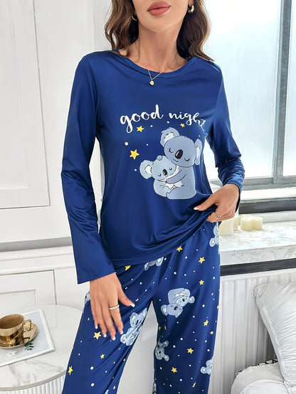 Polyester Blend Crew Neck Pajama Set for Teens - Cute Cartoon Animal Print, Cozy Knit Fabric, Slight Stretch, Regular Fit - Ideal for All Seasons