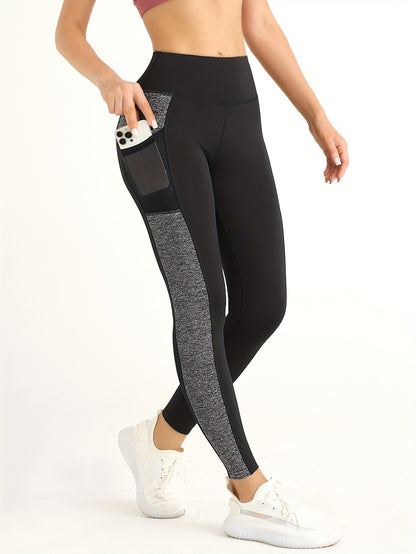 [1pc Women'S High Waist Yoga Leggings] 1pc Women'S High Waist Yoga Leggings with Contrast Color Pocket, Soft Stretchable Polyester Knit Sports Pants, Breathable Activewear for All Seasons