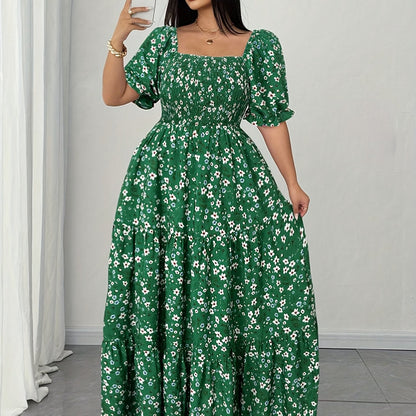 Women's Summer Square Neck Elastic Waist Floral Print Puff Sleeve A-Line Maxi Dress - Lightweight Breathable Machine Washable Plus Size Flowy Long Dress for Beach Vacation & Casual Outings, Beach Dresses