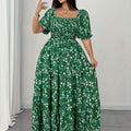 Women's Summer Square Neck Elastic Waist Floral Print Puff Sleeve A-Line Maxi Dress - Lightweight Breathable Machine Washable Plus Size Flowy Long Dress for Beach Vacation & Casual Outings, Beach Dresses