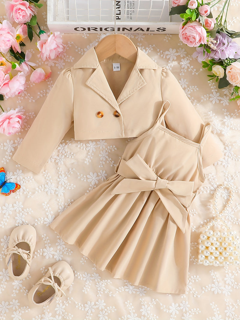 Baby Girls Fashion Button Long Sleeve Lapel Collar Coat + Bow Pleated Suspender Skirt Two-piece Set Outdoor Clothing