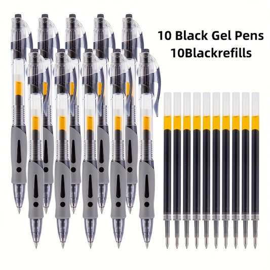 1pc, Complete set of 20 retractable gel pens, 0.5mm black gel pen, retractable gel ink ballpoint pen, 10 sets of gel pens + 10 gel pen refills, suitable for diary, office, school and home writing