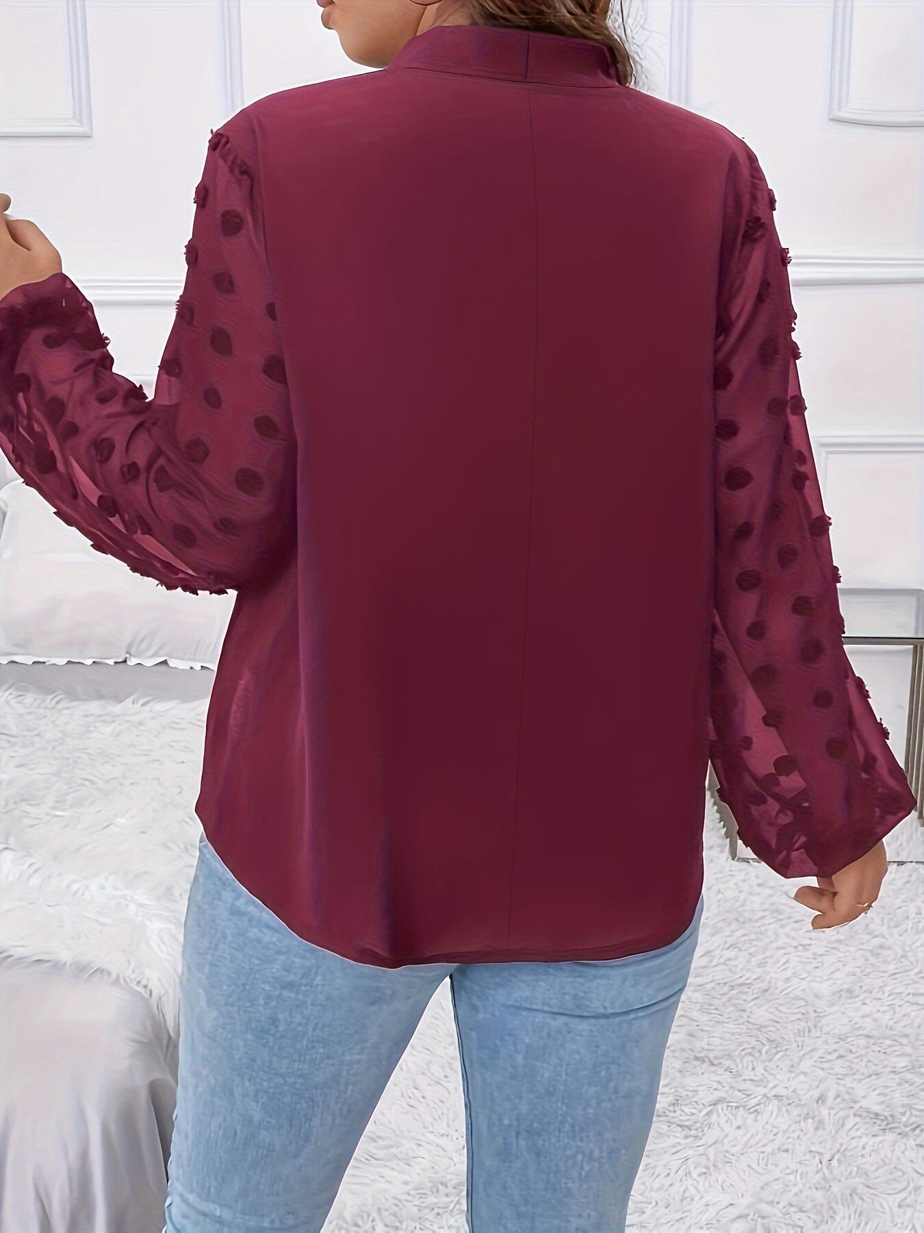 Plus Size Solid Swiss Dot Paneled Blouse, Elegant Tie Neck Long Sleeve Blouse For Spring & Fall, Women's Plus Size Clothing