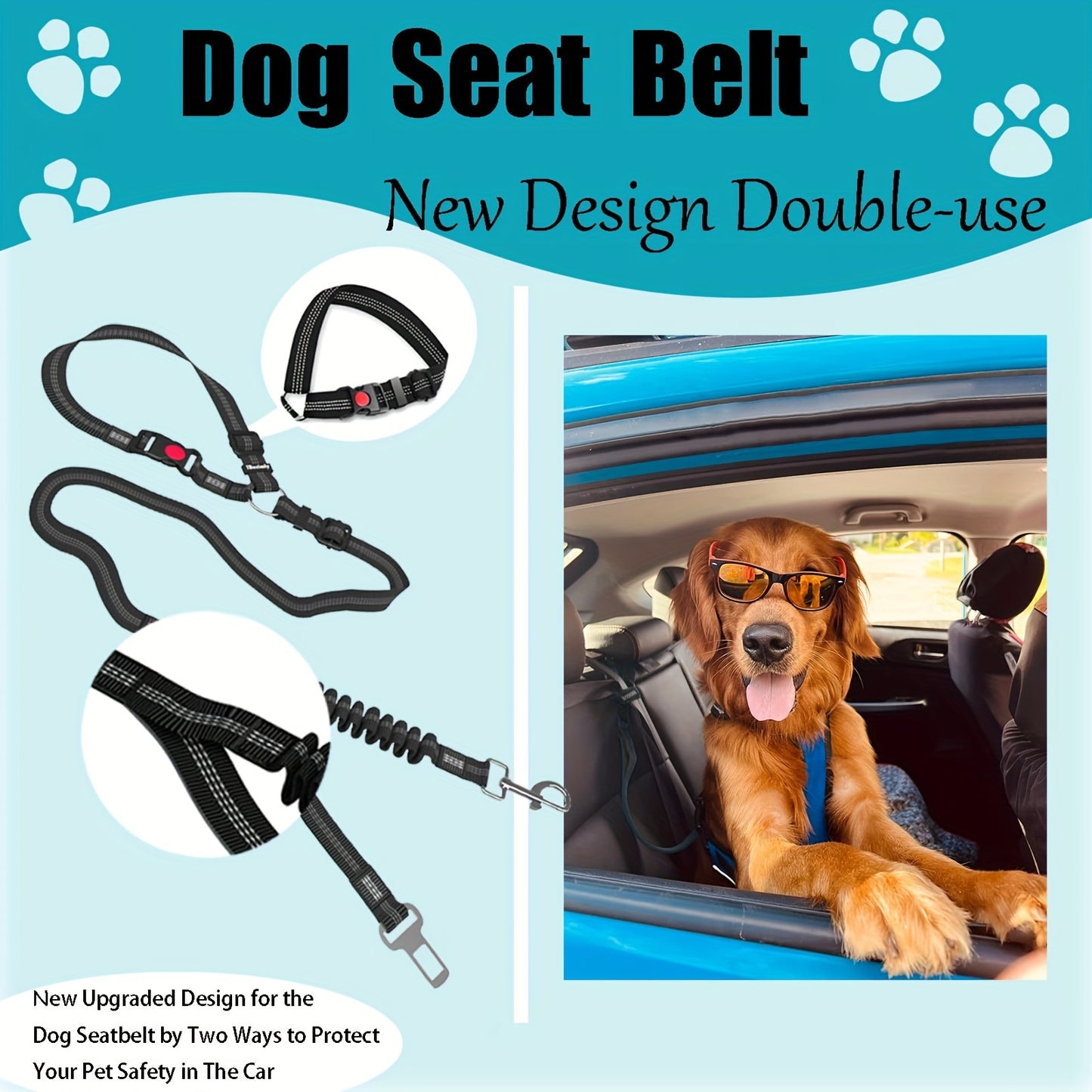 Heavy-Duty Adjustable Dog Seat Belt - Dual-Use, Retractable Car Harness with Elastic Bungee for Pet Safety & Comfort, Nylon Striped Design