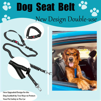 Heavy-Duty Adjustable Dog Seat Belt - Dual-Use, Retractable Car Harness with Elastic Bungee for Pet Safety & Comfort, Nylon Striped Design