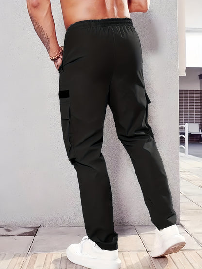 Men's Cuffed Cargo Pants With Flap Pockets In Solid Color, Breathable Comfy Pants For Outdoor Activity