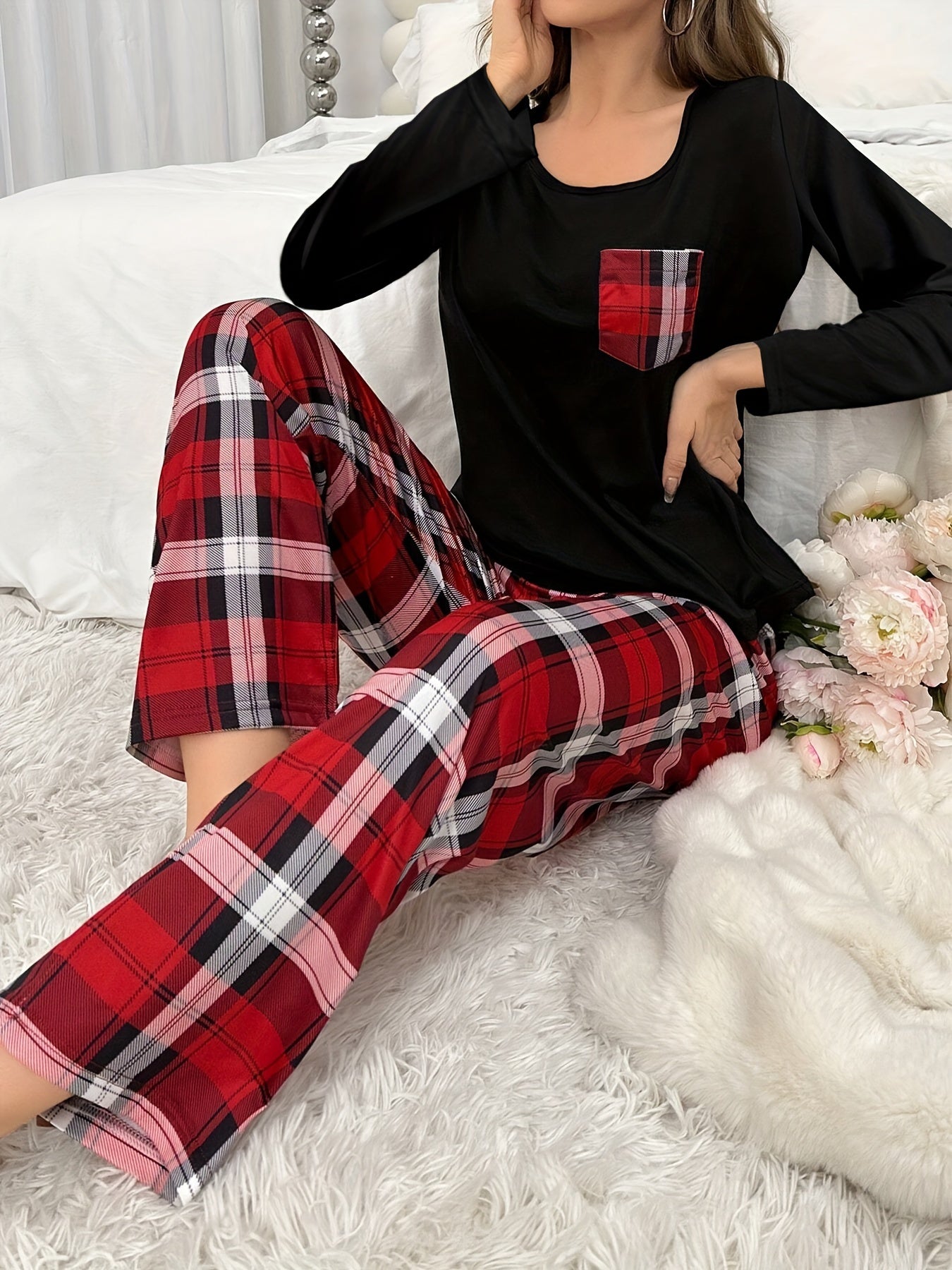 Autumn and Winter Ladies' Pajamas with Long Sleeves and Pants, Tops with Pockets, Plaid Pants, Trousers with Plaid and Printed Patterns, Spring, Summer, Autumn and Winter Casual Home Clothes Set