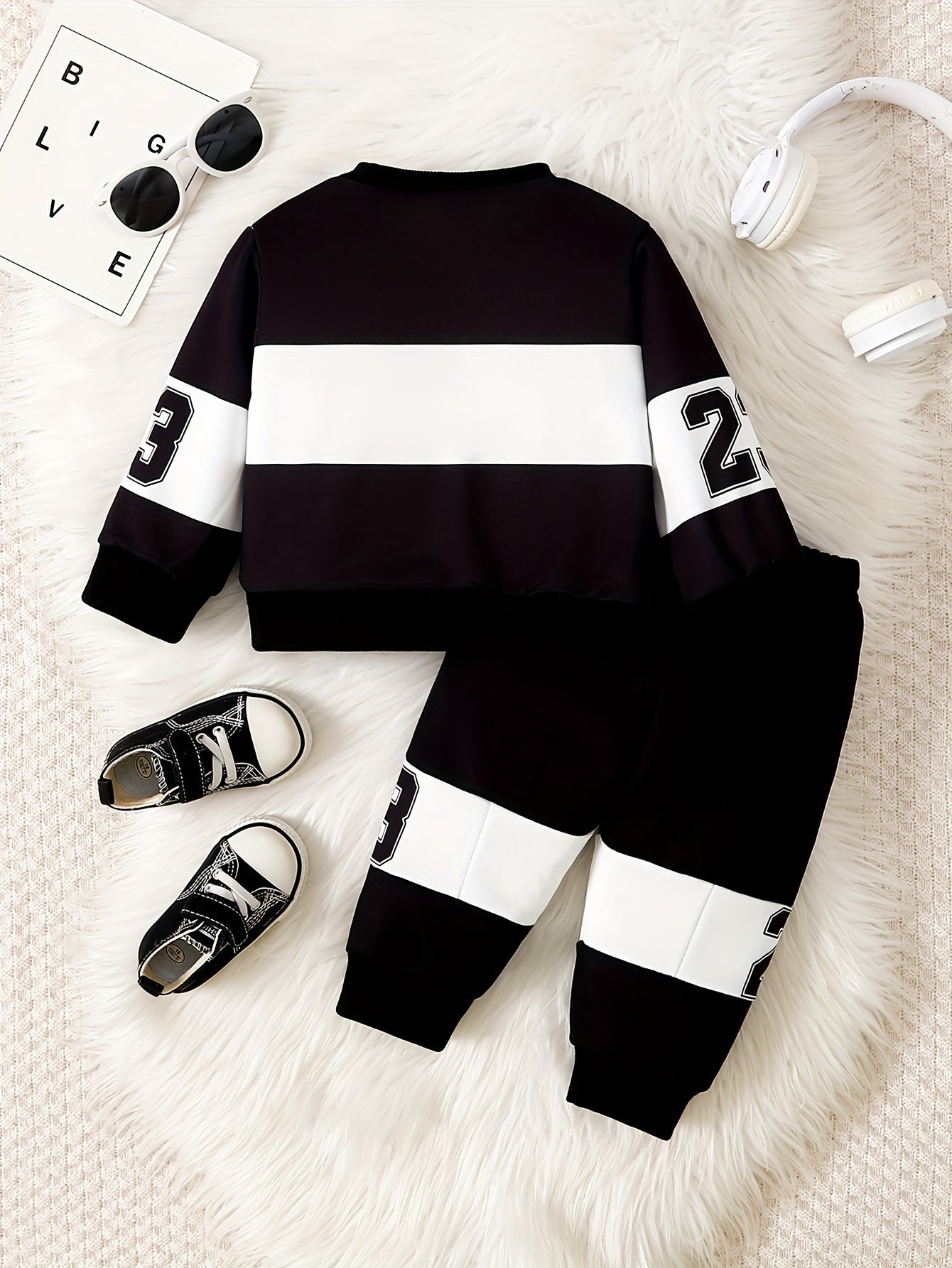 Toddler Boys' Set, Letter Print Round Neck Long Sleeve Striped Top with Matching Pants, Casual Knit Outfit, Polyester Blend, Regular Fit, Spring/Autumn Collection, for Outdoor