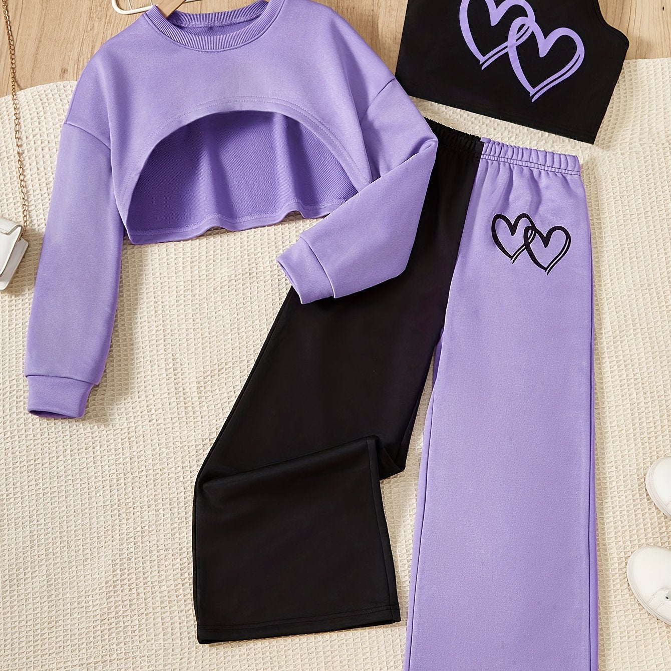 Conjunto para niña: camisola con estampado de corazones, top de manga larga y pantalón de exterior con bloques de color. Conjunto informal de 3 piezas para primavera y otoño. Regalo.