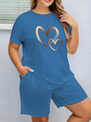 2pcs Women'S Plus Size Casual Outfit - Heart Print Short Sleeve T-Shirt & Pocketed Shorts, Stretchy Waistband, Crew Neck, Soft Fabric, Perfect for Spring/Summer