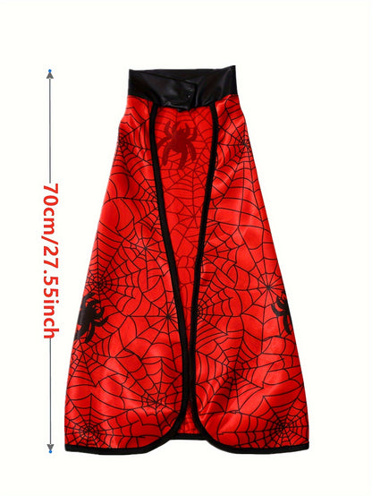 Boys Spider Web Cape With Halloween Mask And Wrist Cuffs, Vibrant Hero Character Outfit Set, Perfect For Party Enthusiast, Party Style