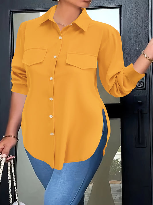 Plus Size Curved Hem Blouse, Casual Button Front Collared Blouse For Spring, Women's Plus Size Clothing