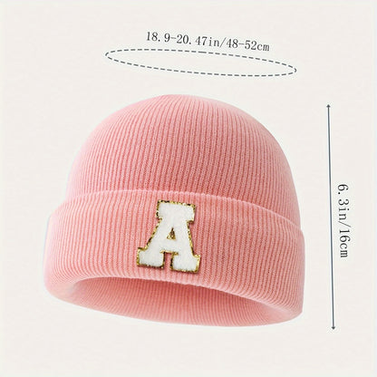 1pc Children's Knitted Hat with 26 Alphabet Letters, Pink Acrylic Stretchable Cap for Toddlers, Hand Washable, Breathable, Daily & Casual Wear, Perfect for Birthday Occasion