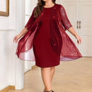 Plus Size - Elegant Plus Size Two-Piece Dress with Mesh Overlay - Navy Blue, Round Neck, Sleeveless, Flowy Design for Spring/Summer, Polyester Blend, Women'S Fashion, Plus Size Dresses