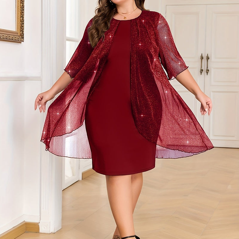 Plus Size - Elegant Plus Size Two-Piece Dress with Mesh Overlay - Navy Blue, Round Neck, Sleeveless, Flowy Design for Spring/Summer, Polyester Blend, Women'S Fashion, Plus Size Dresses