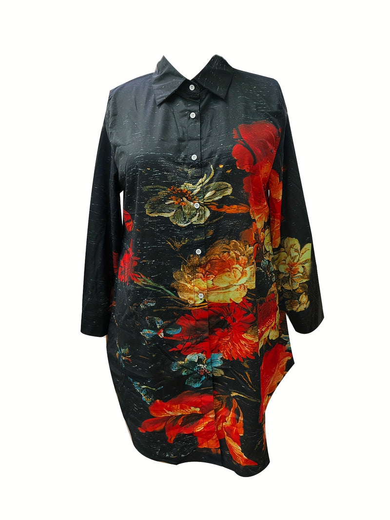 Plus Size - Elegant Floral Print Maxi Dress with Long Sleeves - Blue & White Floral Design, Button-Up Front, Casual Style for Women, All-Season Wear, Casual Summer Dress | Floral Print Dress | Nonstretch Fabric