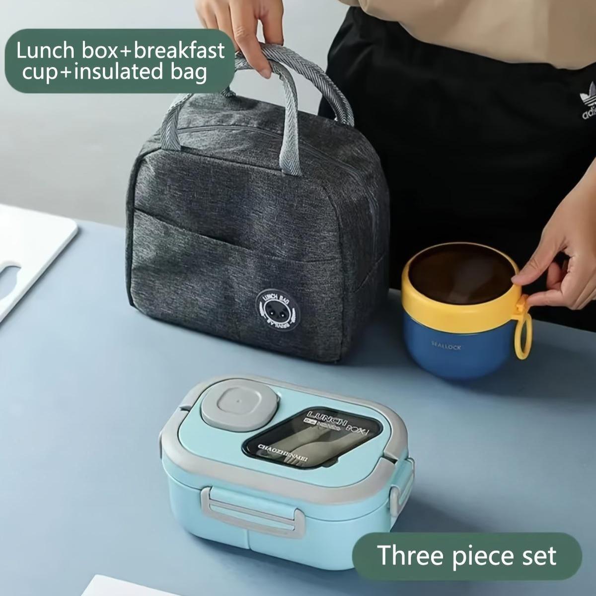 Juego de 3 loncheras portátiles: bolsa térmica, lonchera y taza de avena. Bolsa térmica plegable de aluminio con lonchera de polipropileno y taza de avena.