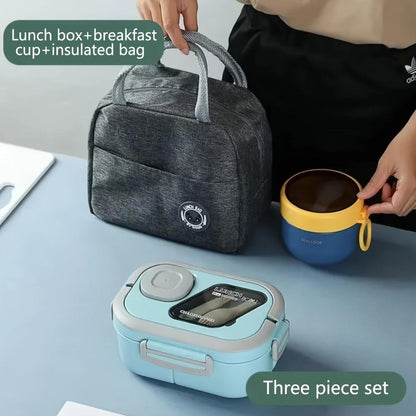 3pcs/set Portable Lunch Box Bag Set Thermal Bag + Lunch Box + Oatmeal Breakfast Cup, Portable Foldable Aluminum Foil Thermal Bag Lunch Bag with One PP Thermal Lunch Box and Oatmeal Cup