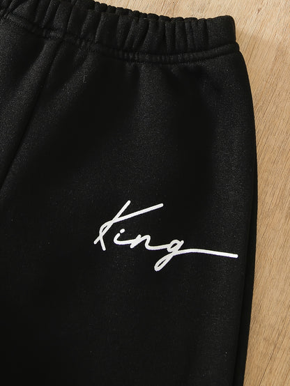 Cozy Boys' Fleece-Lined Hoodie &amp; Joggers Set - KING Letter Print, Casual Sportswear for Fall/Winter, Perfect for Outdoor