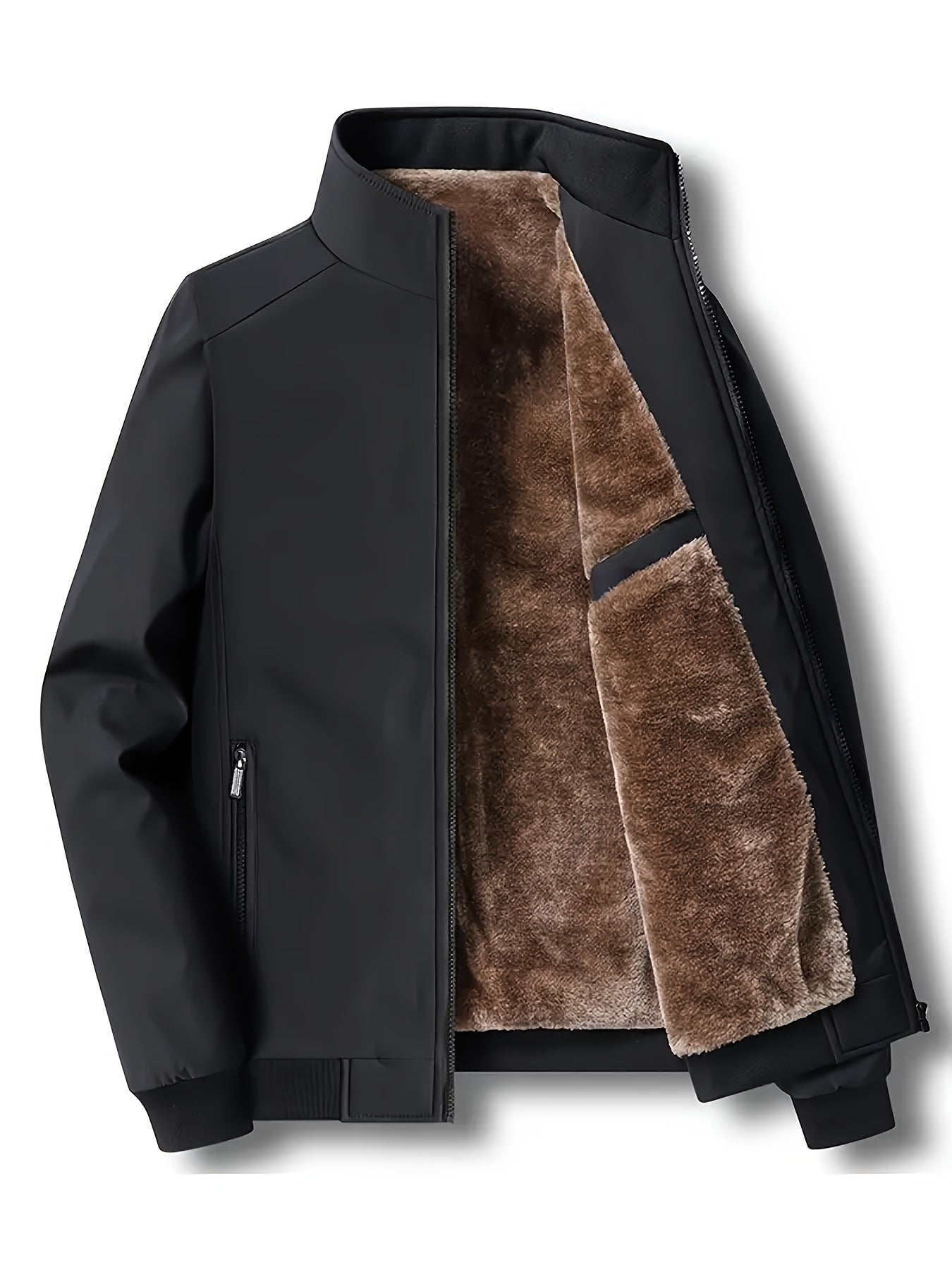 Chaqueta de color liso con cuello alto y forro polar para hombre, abrigo cálido de manga larga con cremallera, cárdigan cómodo y moderno a prueba de frío para otoño e invierno, ideal como regalo.