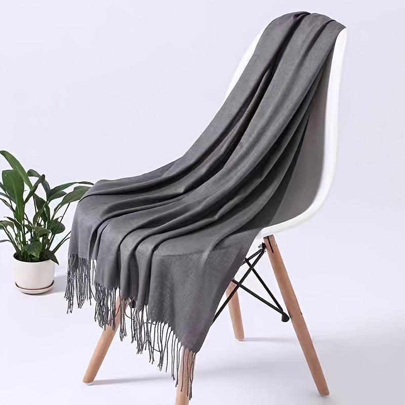 1pc Elegant and simple plain tassel long scarf with warm and versatile thin fabric, suitable for daily wear in all seasons, can also be used as a lady's air-conditioning shawl