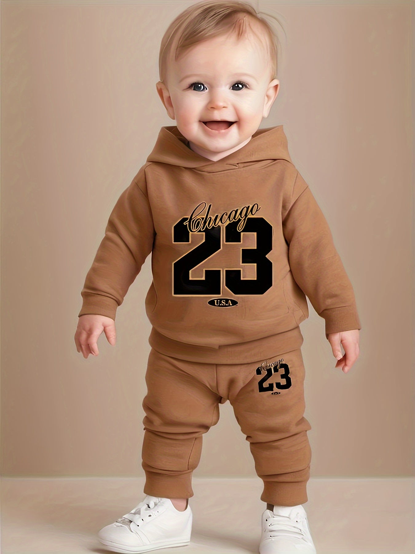 Baby Boy's Autumn And Winter Chicago 23 Print Hooded Sweatshirt + Pants Outdoor Set, 2pcs Comfy Trendy Outfits For For Outdoor Play And Daily Life