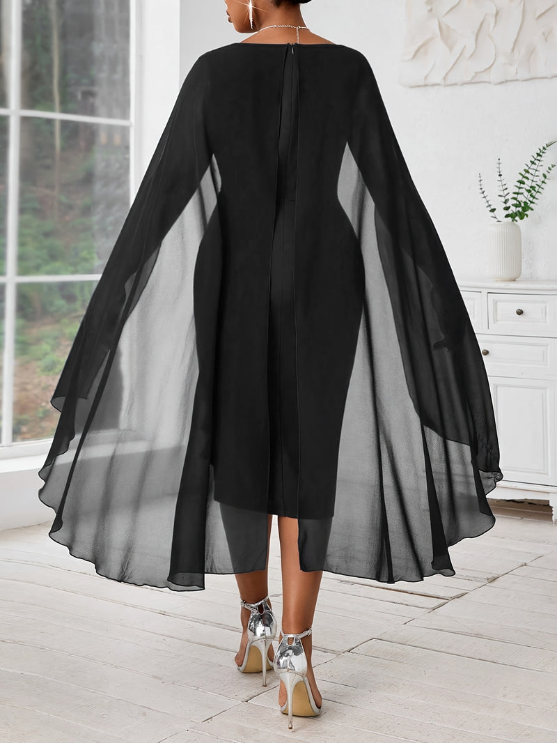 Plus Size, Women's Fashionable and Elegant Batwing Sleeve Mesh Splicing Plus Size Wrap Dress