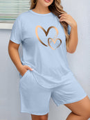 2pcs Women'S Plus Size Casual Outfit - Heart Print Short Sleeve T-Shirt & Pocketed Shorts, Stretchy Waistband, Crew Neck, Soft Fabric, Perfect for Spring/Summer