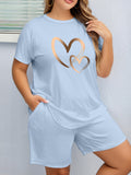 2pcs Women's Plus Size Casual Outfit - Heart Print Short Sleeve T-Shirt & Pocketed Shorts, Stretchy Waistband, Crew Neck, Soft Fabric, Perfect for Spring/Summer