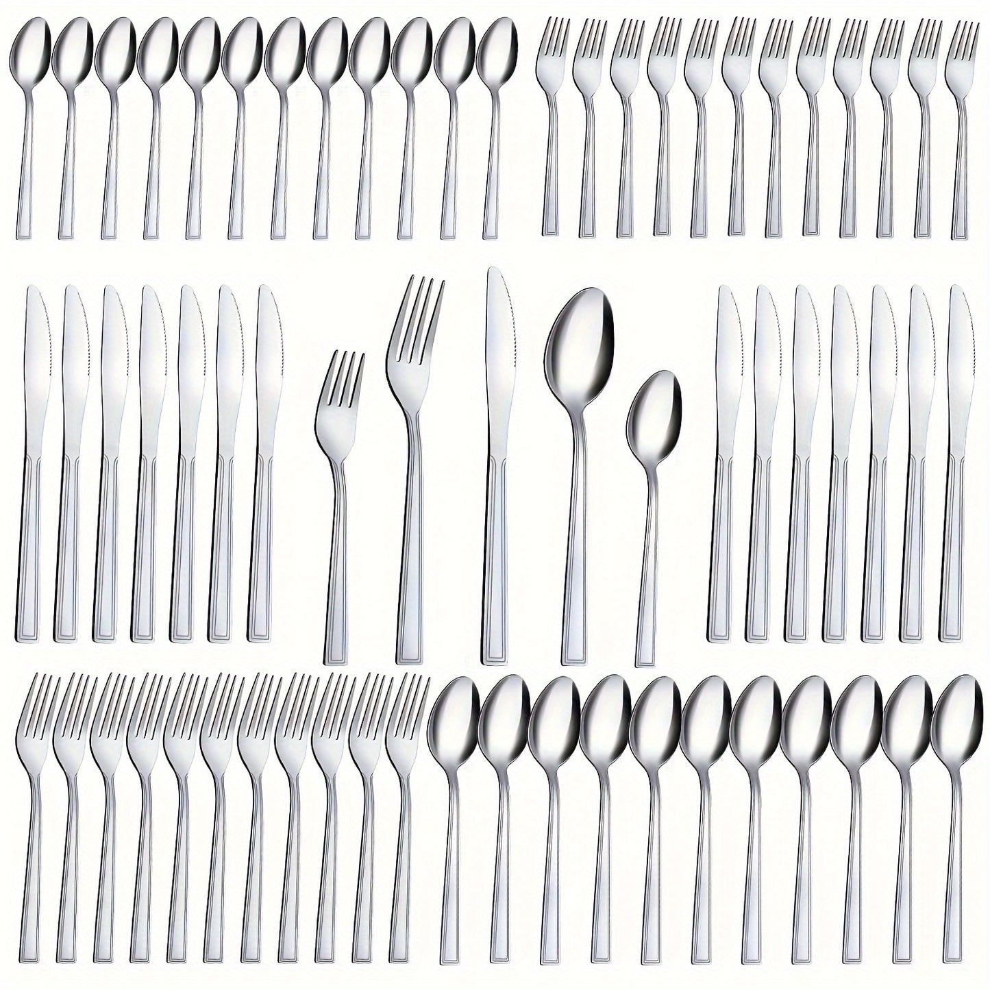 60pcs/set Stainless Steel Tableware Set For 12 People With Knives, Forks, And Spoons. Ideal For Restaurants, Parties, Weddings, Classic Strip Craftsmanship. Ergonomic Handles And High Quality Design. Comfortable Grip. Washabl
