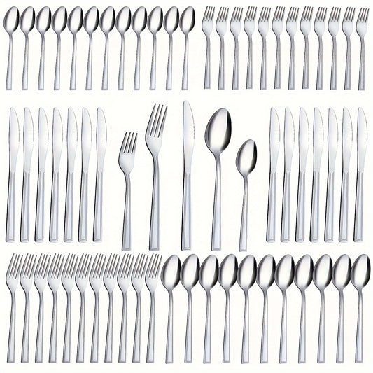 60pcs/set Stainless Steel Tableware Set For 12 People With Knives, Forks, And Spoons. Ideal For Restaurants, Parties, Weddings, Classic Strip Craftsmanship. Ergonomic Handles And High Quality Design. Comfortable Grip. Washabl