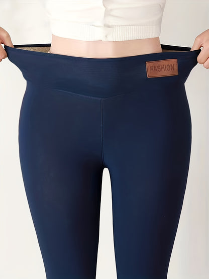 Women's Plush-Lined High Waist Leggings, Elastic And Comfortable, Casual Style Warm Pants For Winter, For Thermal Wear