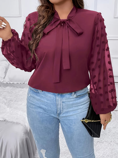 Plus Size Solid Swiss Dot Paneled Blouse, Elegant Tie Neck Long Sleeve Blouse For Spring & Fall, Women's Plus Size Clothing