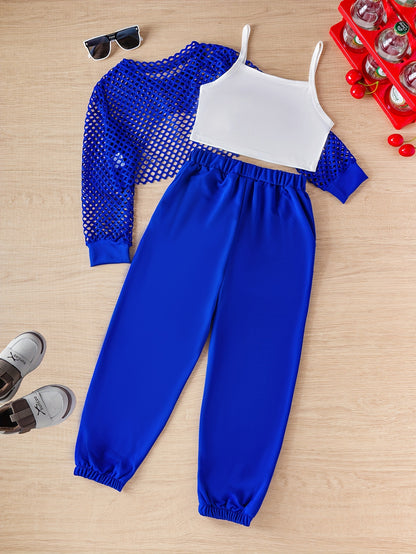 Conjunto de 3 piezas para niñas: camiseta con letras Brooklyn, top playero y pantalón deportivo. Versátil para uso informal de verano y exterior.