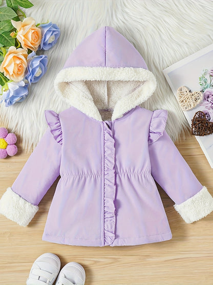 Toddler Kid's Warm Artificial Fleece Hooded Jacket, Lovely Ruffle Decor Outdoor Coat, Baby Girl's Clothing For Fall Winter