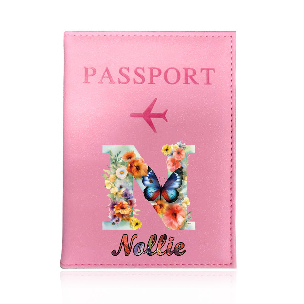 Customized Name Initial Pu Leather Passport Holder Cover Personalized Custom Ultra Slim Wallet Organizer Passport Protector Covers Personal Tailor Waterproof Card Case Storage Cases for Men Women Travel Accessories