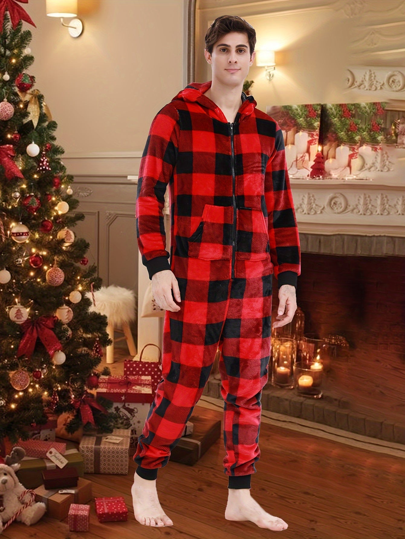 Cozy Men's Plaid Fleece-Lined Hooded Onesie Pajamas - Perfect for Fall/Winter, Machine Washable, Ideal for Halloween & Christmas