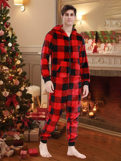 Cozy Men's Plaid Fleece-Lined Hooded Onesie Pajamas - Perfect for Fall/Winter, Machine Washable, Ideal for Halloween & Christmas
