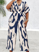 Plus Size, Women's Plus Size Batwing Sleeve Belted Print Jumpsuit