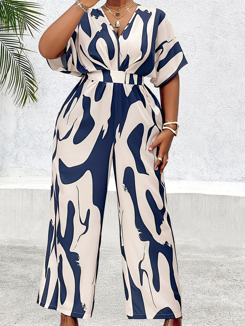 Plus Size, Women's Plus Size Batwing Sleeve Belted Print Jumpsuit