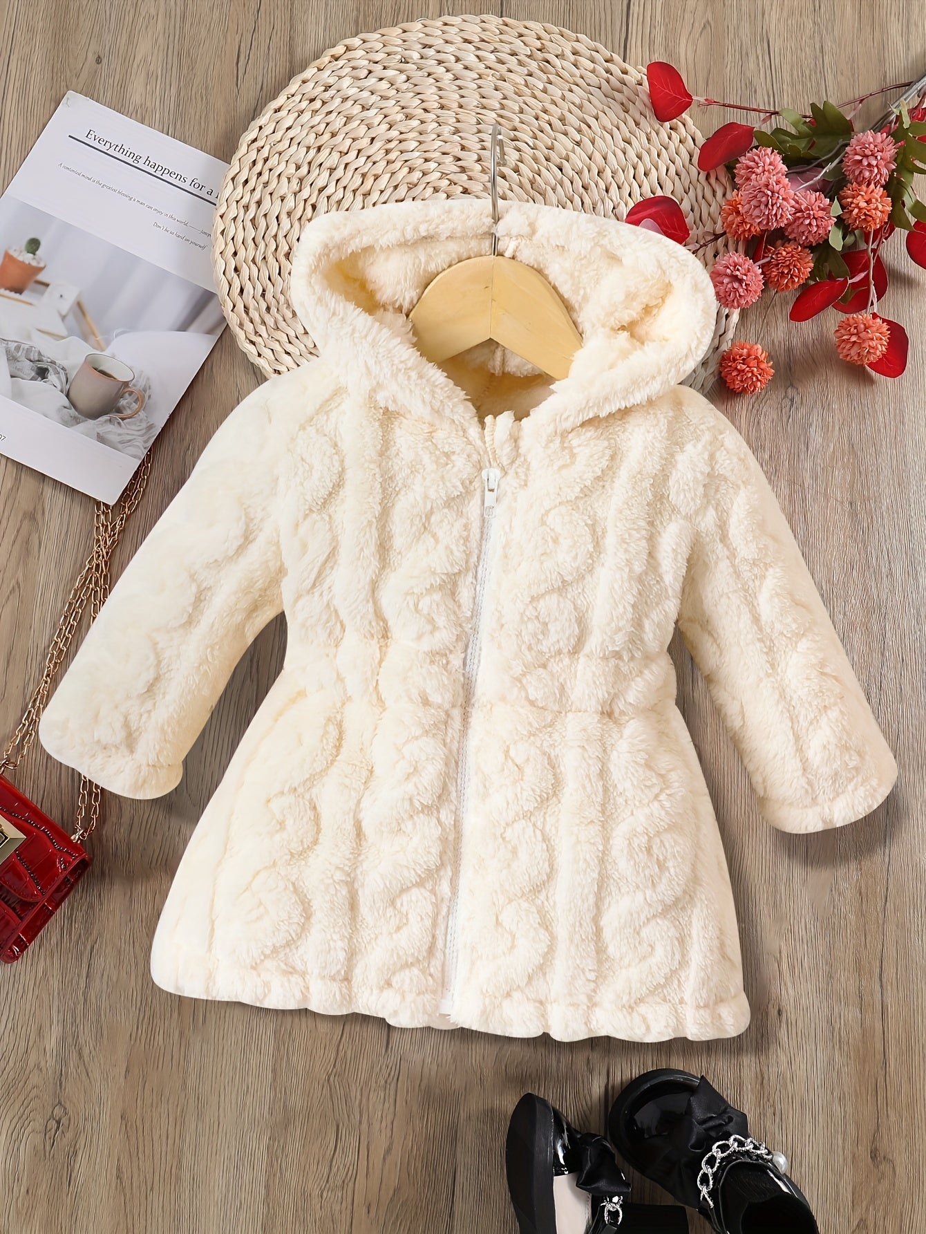 Baby's Warm Fuzzy Fleece Hooded Jacket, Casual Solid Color Zip Up Coat, Infant & Toddler Girl's Clothing For Winter Fall Outdoor