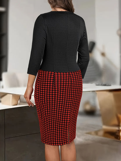 Plus Size Houndstooth Print Patchwork Bodycon Dress, Elegant Split Back 3/4 Sleeve Dress For Spring & Fall, Women's Plus Size Clothing