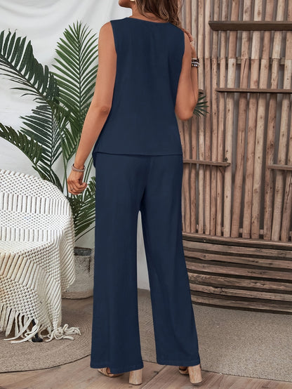 Conjunto de camisa sin mangas con dobladillo irregular y pantalones rectos holgados de verano para mujer