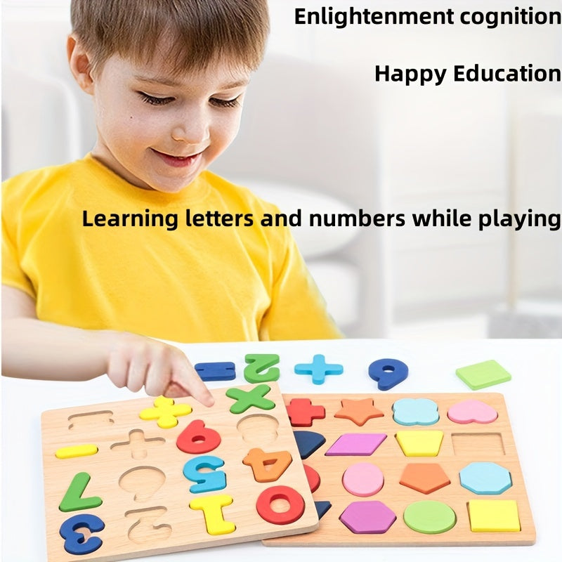 Juego de 4 juguetes educativos STEM de madera grandes: bloques de rompecabezas con alfabeto, números y formas para el aprendizaje temprano, el reconocimiento de colores y el desarrollo de habilidades para la resolución de problemas.