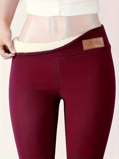 Women's Plush-Lined High Waist Leggings, Elastic And Comfortable, Casual Style Warm Pants For Winter, For Thermal Wear