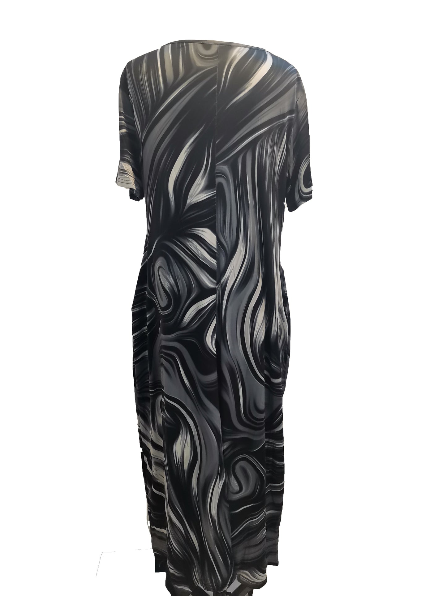 [1pc Plus Size Geometric Print Maxi Dress] 1pc Plus Size Geometric Print Maxi Dress, Stretchy Polyester Knit, Round Neck, Short Sleeve, Casual Loose Fit with Pockets, All-Season Versatile Style