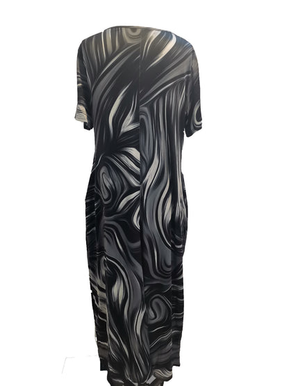 [1pc Plus Size Geometric Print Maxi Dress] 1pc Plus Size Geometric Print Maxi Dress, Stretchy Polyester Knit, Round Neck, Short Sleeve, Casual Loose Fit with Pockets, All-Season Versatile Style