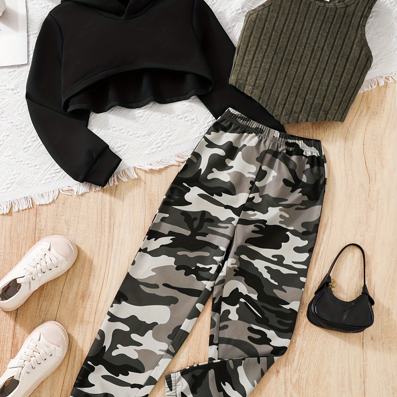 3PCS Girls Trendy Street Wear Style Outfit, Long Sleeve High Low Hoodie + Ribbed Tank Top + Camouflage Pattern Trousers Set For Spring & Fall & Winter Outdoors